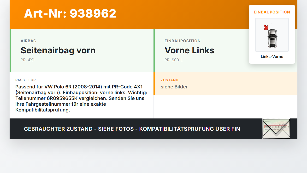 VW Polo V 6R 08-14 Sensor für Airbag Crashsensor Airbagsensor Links Vorne VW Polo V 6R 08-14 15.06.2010 6R0959655K... Vorschau 3