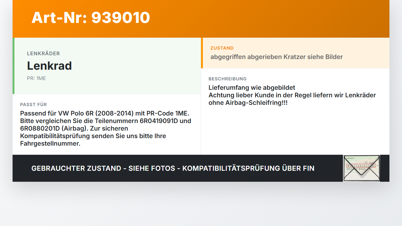 VW Polo V 6R 08-14 Lenkrad Airbaglenkrad VW Polo V 6R 08-14 15.06.2010 6R0419091D 6R0880201D 306605899N44-AB gebraucht Vorschau 3