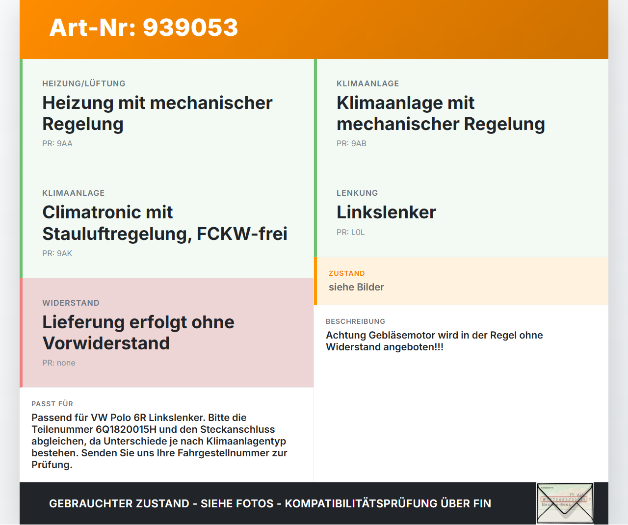 VW Polo V 6R 08-14 Gebläsemotor Lüftermotor Heizungsgebläse VW Polo V 6R 08-14 15.06.2010 6Q1820015H gebraucht Vorschau 3