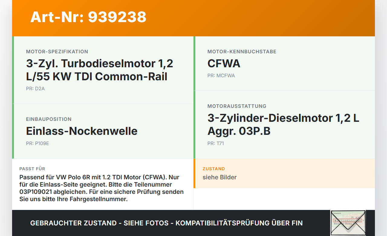 VW Polo V 6R 08-14 TDI 1,2 55KW CFWA Nockenwelle Einlass VW Polo V 6R 08-14 15.06.2010 03P109021 gebraucht Vorschau 3