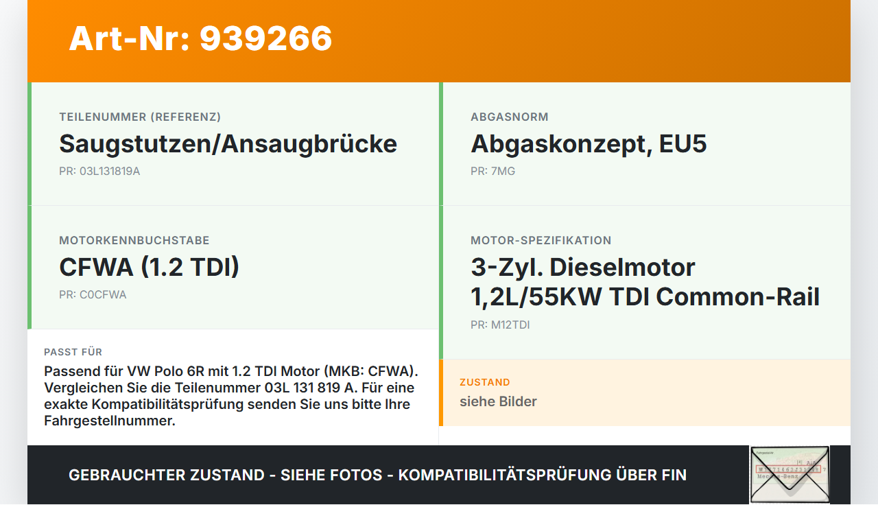 VW Polo V 6R 08-14 TDI 1,2 55KW CFWA Ansaugbrücke Ansaugkrümmer VW Polo V 6R 08-14 15.06.2010 03P129711C 03P129711D... Vorschau 3