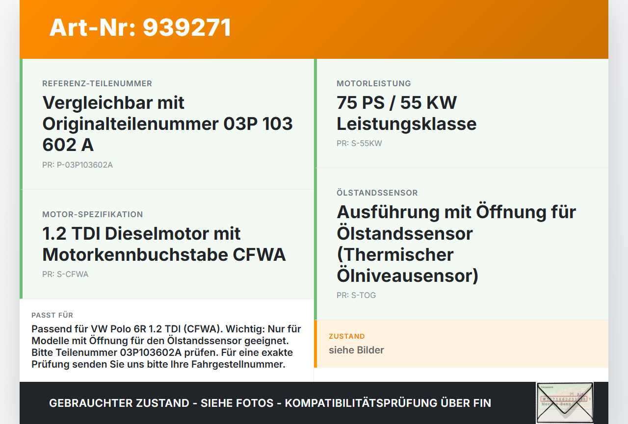 VW Polo V 6R 08-14 TDI 1,2 55KW CFWA Ölwanne Motorwanne VW Polo V 6R 08-14 15.06.2010 03P103602A gebraucht Vorschau 3