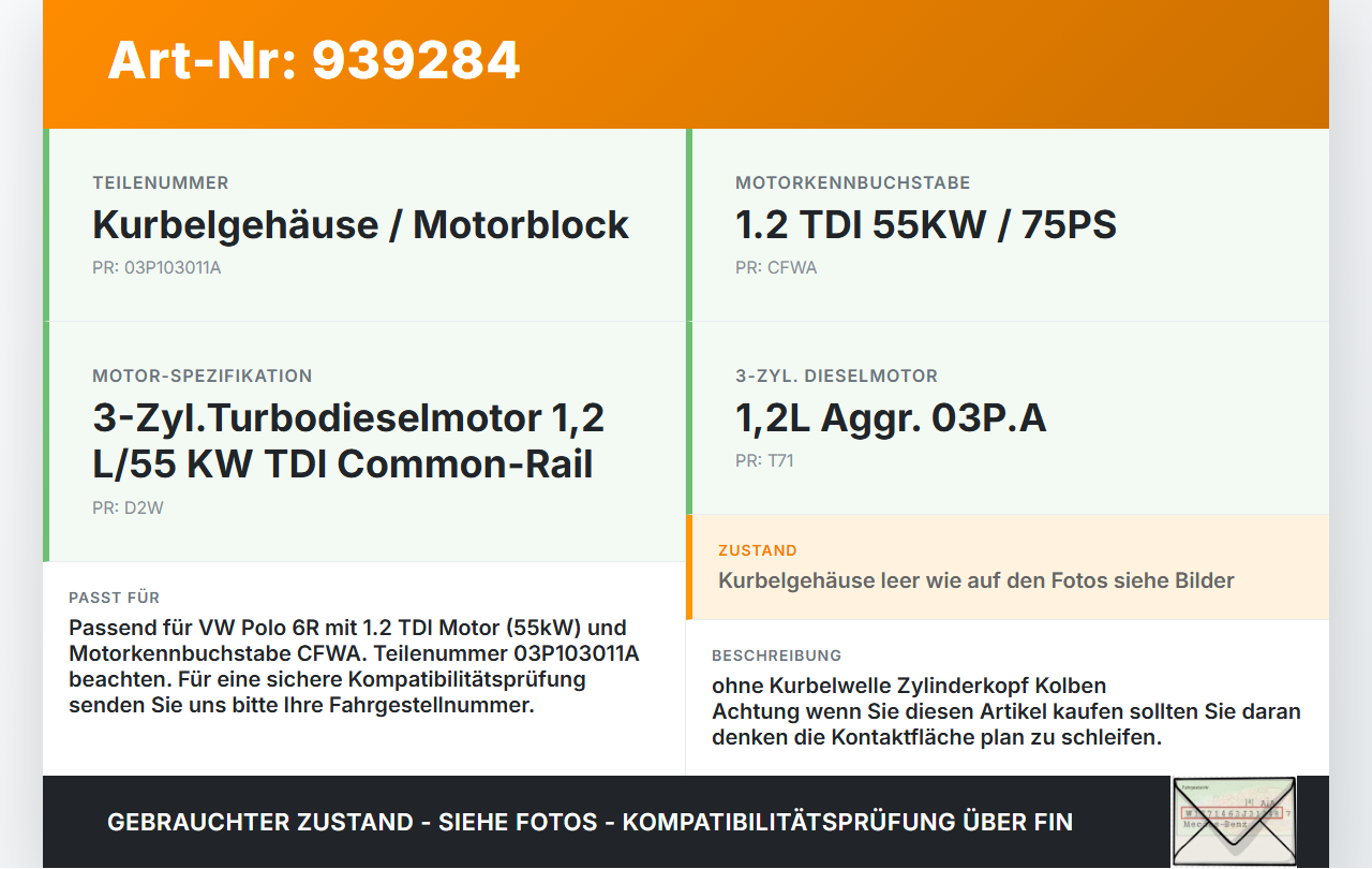 VW Polo V 6R 08-14 TDI 1,2 55KW CFWA Motorblock für Motor VW Polo V 6R 08-14 15.06.2010 03P103011A gebraucht Vorschau 3