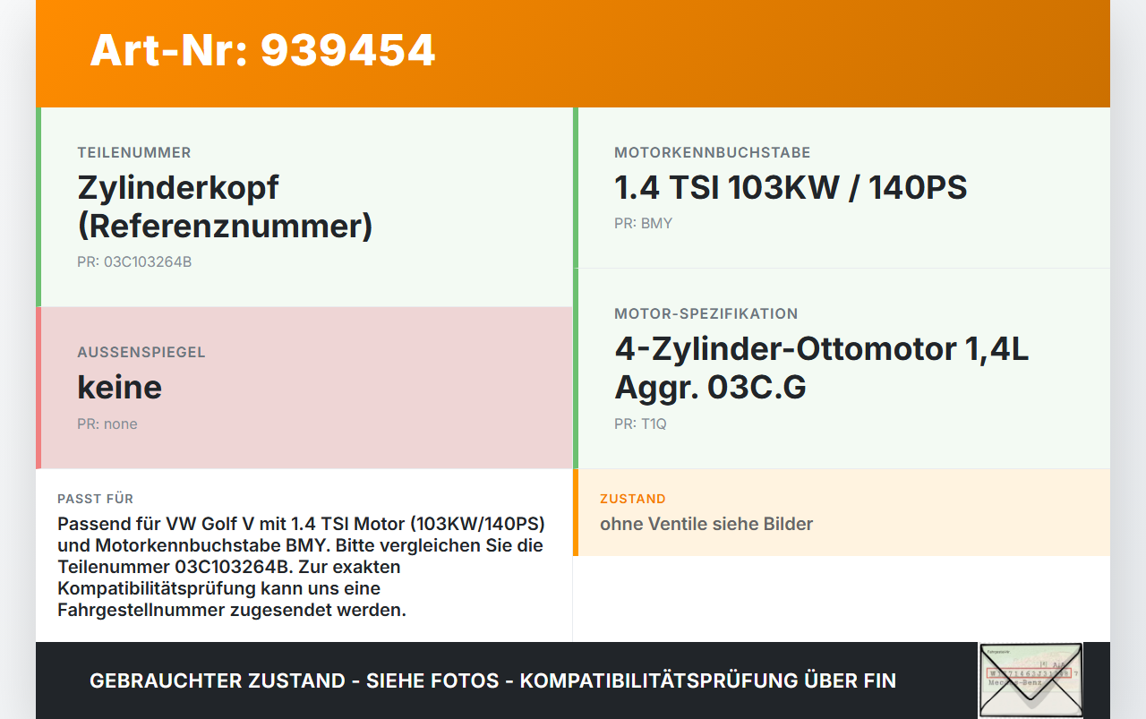VW Golf V 5 1K 04-09 TSI 1,4 103KW BMY Zylinderkopf VW Golf V 5 1K 04-09 13.02.2008 03C103264B gebraucht Vorschau 3