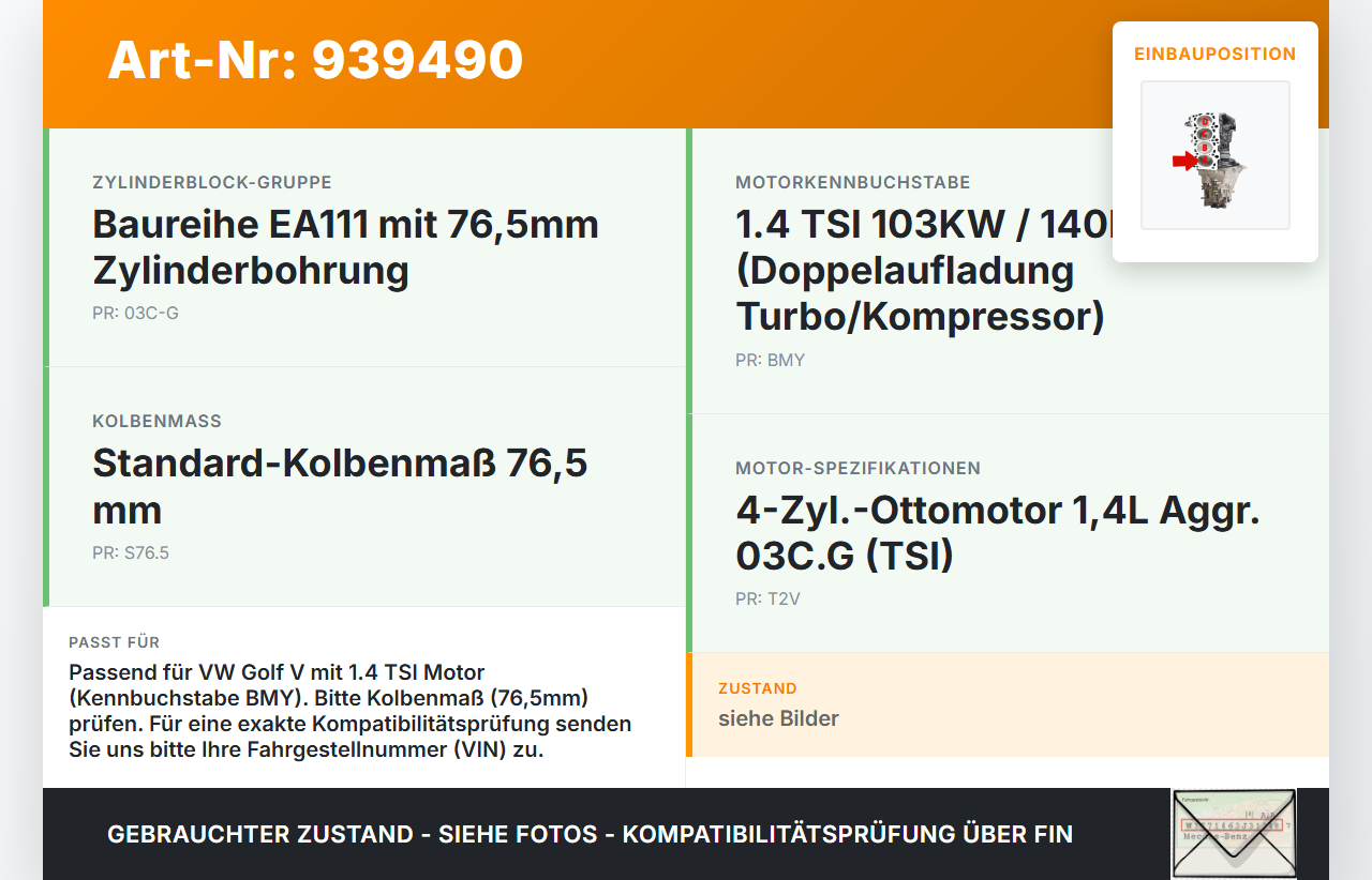 VW Golf V 5 1K 04-09 TSI 1,4 103KW BMY Kolben mit Pleuel Pos A VW Golf V 5 1K 04-09 13.02.2008 03C107065AQ gebraucht Vorschau 3