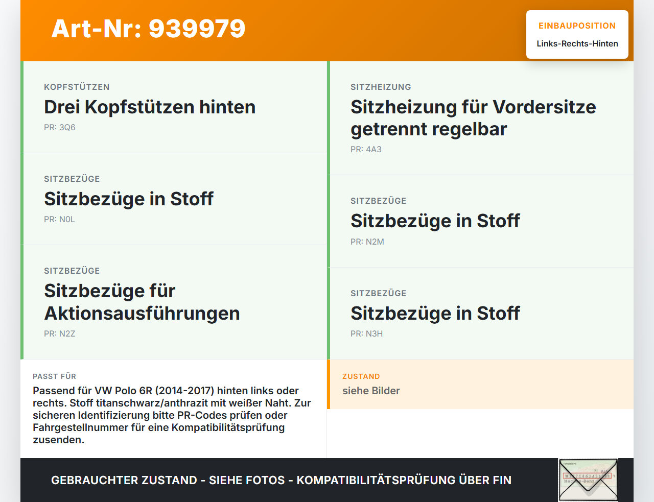 VW Polo V 6R 14-17 Kopfstütze Rechts oder Links Hinten weiße Naht VW Polo V 6R 14-17 25.04.2017 6C0885901A gebraucht Vorschau 3
