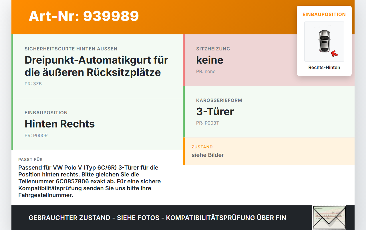 VW Polo V 6R 14-17 3T Gurt Sicherheitsgurt Rechts Hinten VW Polo V 6R 14-17 25.04.2017 6C0857806 6C0857806RAA... Vorschau 3