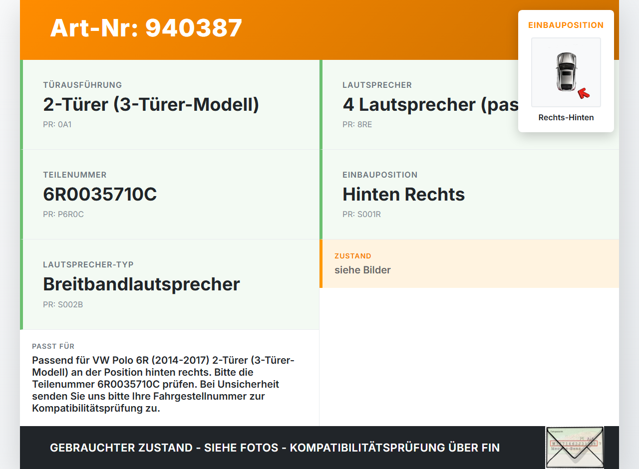 VW Polo V 6R 14-17 3T Lautsprecher Rechts Hinten VW Polo V 6R 14-17 25.04.2017 6R0035710C 5484027Y104J gebraucht Vorschau 3
