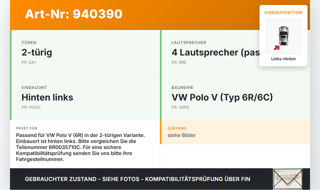 VW Polo V 6R 14-17 Lautsprecher Links Hinten VW Polo V 6R 14-17 25.04.2017 6R0035710C 5484027Y104J gebraucht Vorschau 3