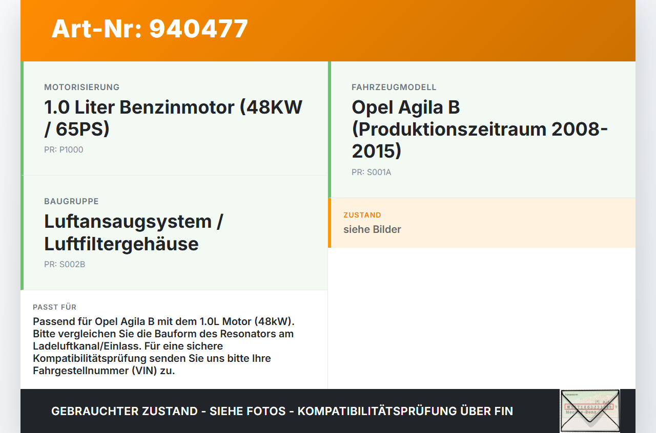 Opel Agila B 08-15 1,0 48KW Resonator Ladeluftkanal Einlass Opel Agila B 08-15 10.07.2009 93194841 4710204 gebraucht Vorschau 3