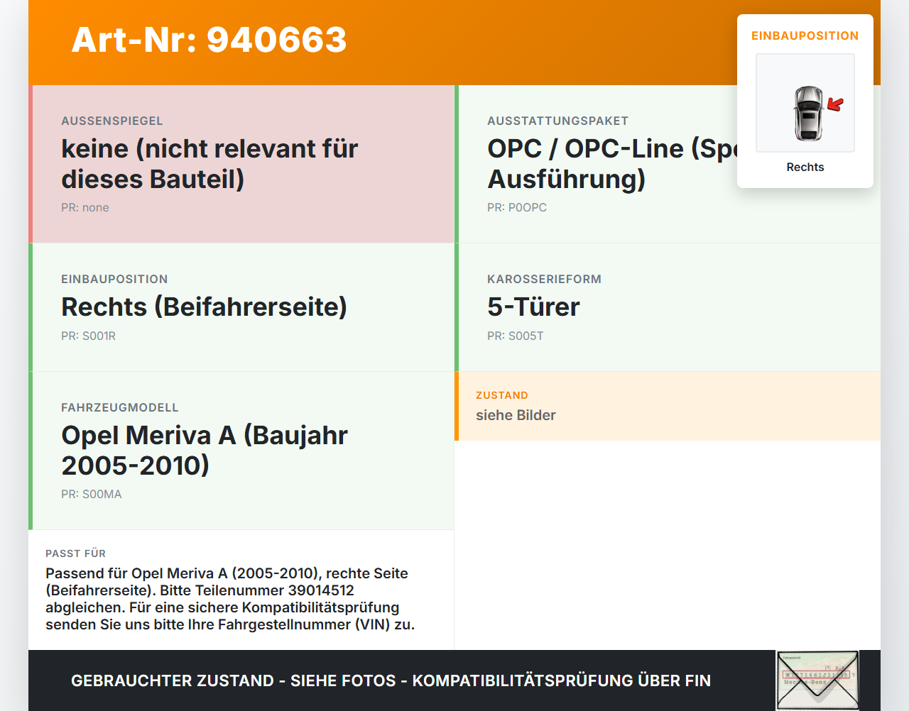 Opel Meriva A 05-10 5T Scharnier für Motorhaube Motorhaubenscharnier Rechts Opel Meriva A 05-10 18.06.2008 39014512... Vorschau 3