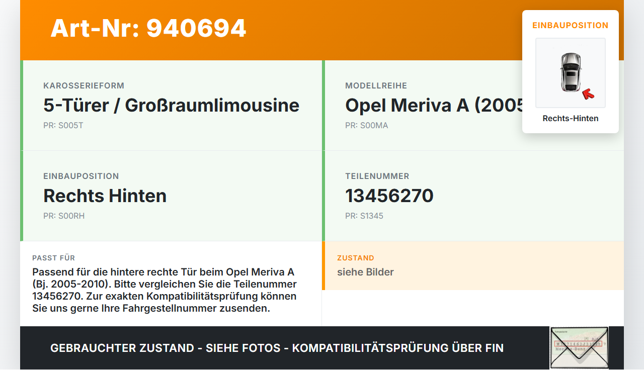Opel Meriva A 05-10 5T Türfangband Türbremse Türanschlag Rechts Hinten Opel Meriva A 05-10 18.06.2008 13456270 gebraucht Vorschau 3