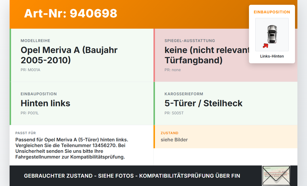 Opel Meriva A 05-10 5T Türfangband Türbremse Türanschlag Links Hinten Opel Meriva A 05-10 18.06.2008 13456270 gebraucht Vorschau 3