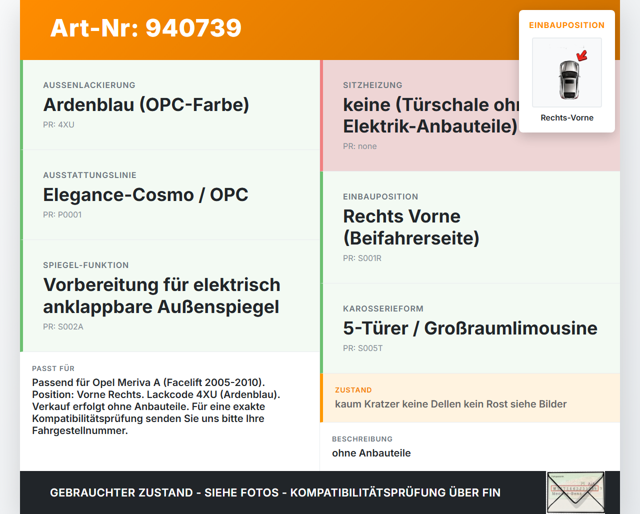 Opel Meriva A 05-10 5T Tür Beifahrertür Rechts Vorne 4XU Opel Meriva A 05-10 18.06.2008 39160868 gebraucht Vorschau 3