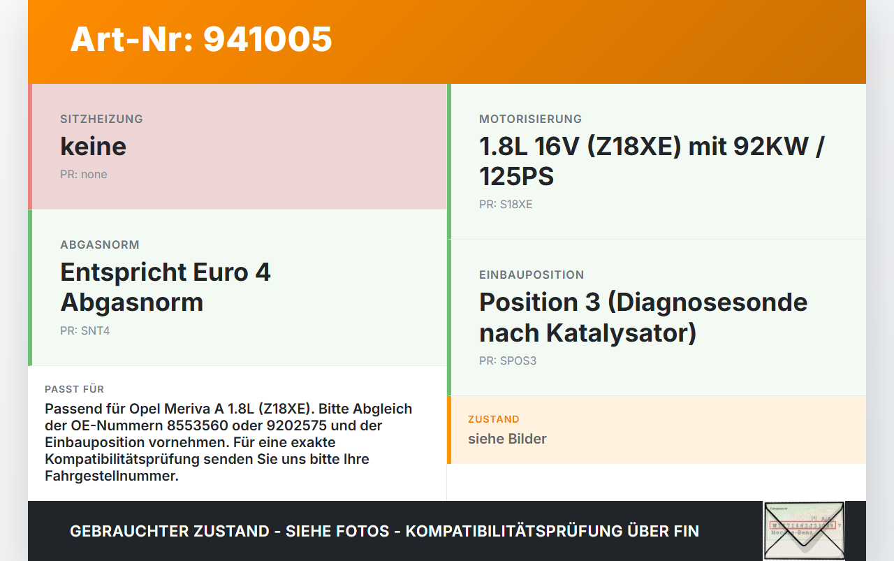 Opel Meriva A 05-10 1,8 92KW Lambdasonde Pos.3 Opel Meriva A 05-10 18.06.2008 9202575 8553560 gebraucht Vorschau 3