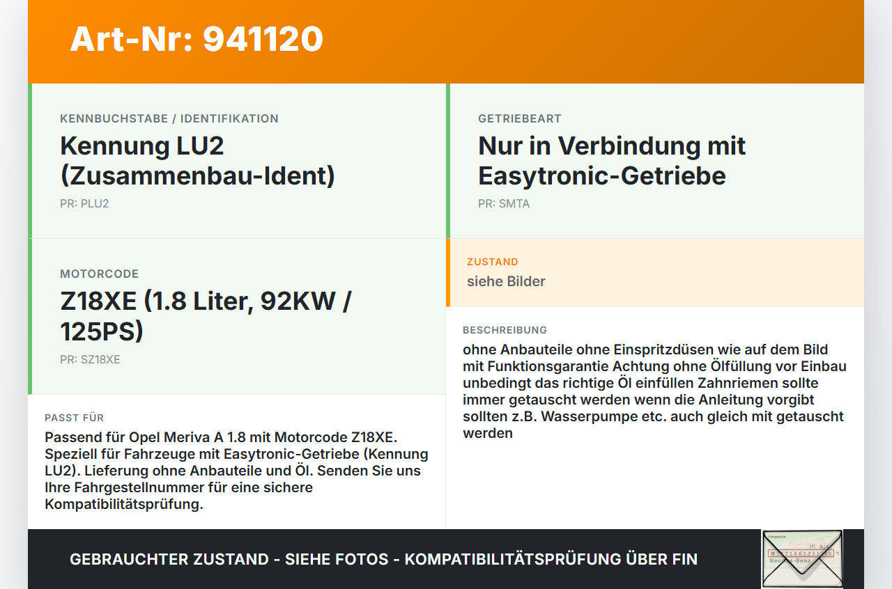 Opel Meriva A 05-10 1,8 92KW Z18XE Motor Triebwerk Opel Meriva A 05-10 18.06.2008 13412480 55557884 5601390 gebraucht Vorschau 3