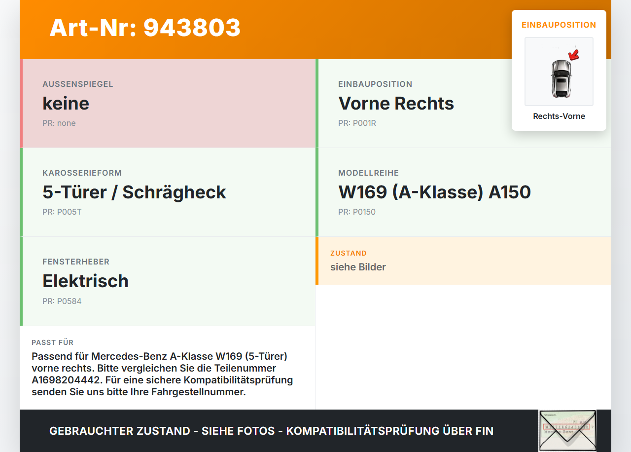 Mercedes W169 A150 08-12 5T Fensterhebermotor Rechts Vorne Mercedes W169 A150 08-12 03.05.2010 A1698204442... Vorschau 3