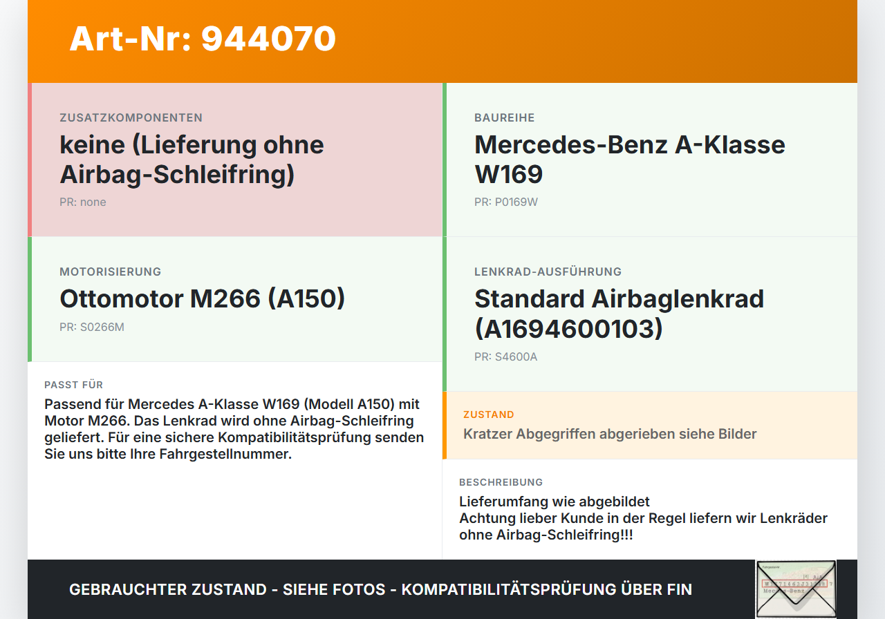 Mercedes W169 A150 08-12 Lenkrad Airbaglenkrad Mercedes W169 A150 08-12 03.05.2010 A1694600103 91015339940 gebraucht Vorschau 3