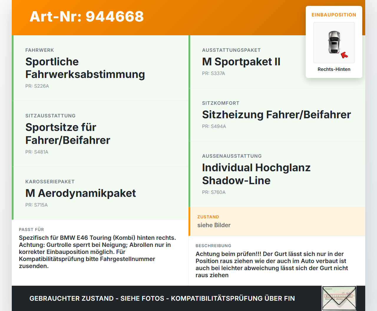 BMW E46 320D 01-06 Kombi Gurt Sicherheitsgurt Rechts Hinten BMW E46 320D 01-06 29.03.2006 8201031 72118201031 gebraucht Vorschau 3