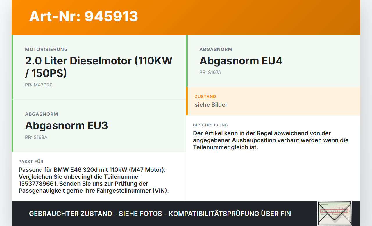 BMW E46 320D 01-06 2,0d 110KW Injektor Einspritzdüse Zyl.1 BMW E46 320D 01-06 29.03.2006 13537789661 7789661... Vorschau 3