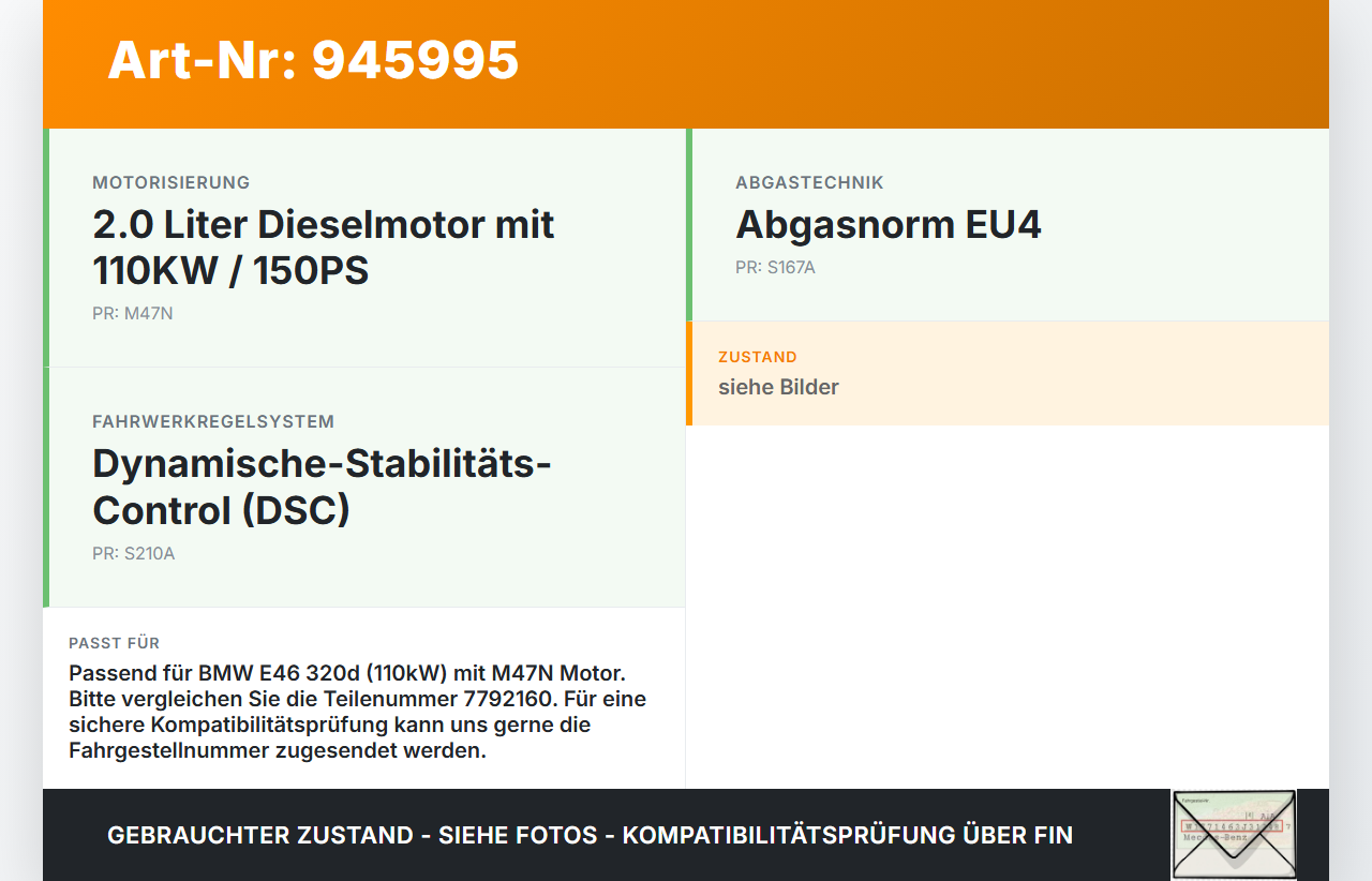 BMW E46 320D 01-06 2,0d 110KW Katalysator mit Flexrohr BMW E46 320D 01-06 29.03.2006 1830-7792160 7792160 gebraucht Vorschau 3