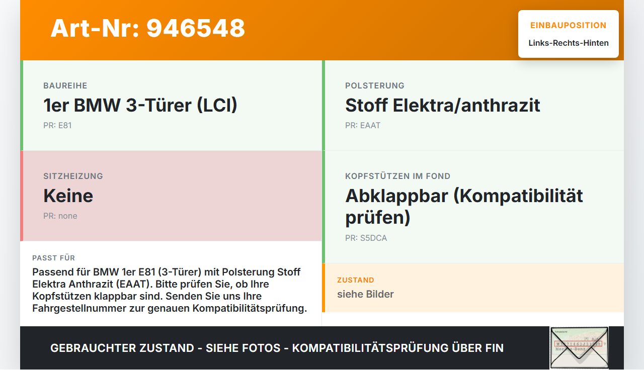 BMW E81 1er 116i LCI 07-13 Kopfstütze Rechts oder Links Hinten Elektra anthrazit BMW E81 1er 116i LCI 07-13... Vorschau 3