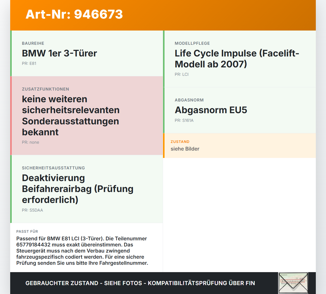 BMW E81 1er 116i LCI 07-13 Airbag Steuergerät Airbagsteuergerät BMW E81 1er 116i LCI 07-13 27.04.2010 9184432... Vorschau 3