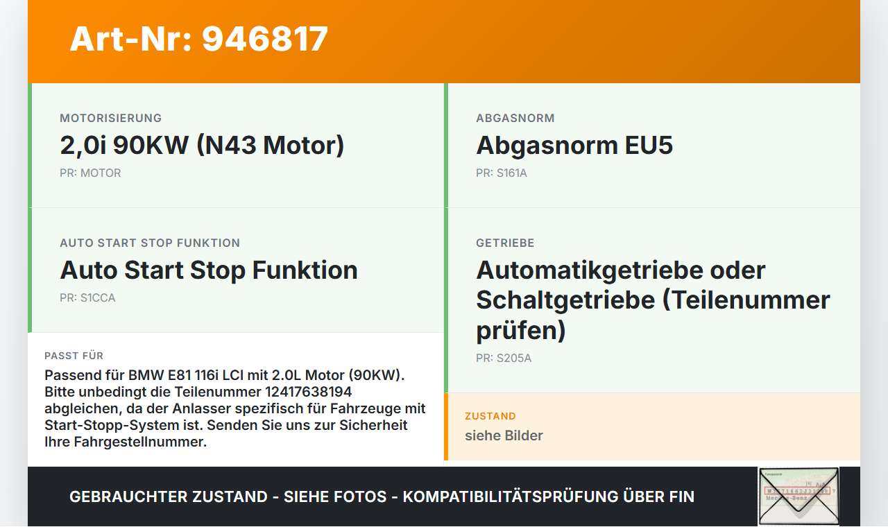 BMW E81 1er 116i LCI 07-13 2,0i 90KW Anlasser Starter BMW E81 1er 116i LCI 07-13 27.04.2010 7638194 12417638194... Vorschau 3