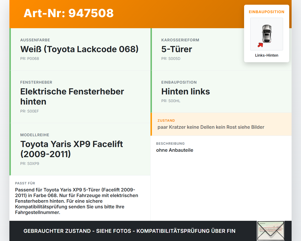 Toyota Yaris XP9 09-11 5T Tür Links Hinten 068 Toyota Yaris XP9 09-11 08.04.2011 821530D140 gebraucht Vorschau 3