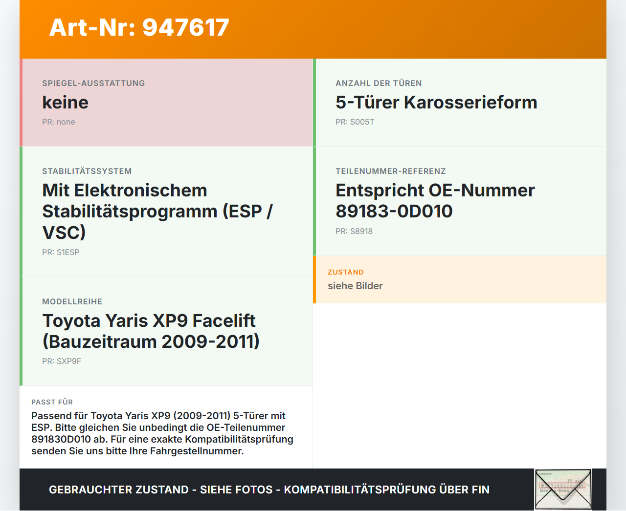 Toyota Yaris XP9 09-11 5T ESP Sensor Steuergerät Drehratensensor Toyota Yaris XP9 09-11 08.04.2011 891830D010... Vorschau 3