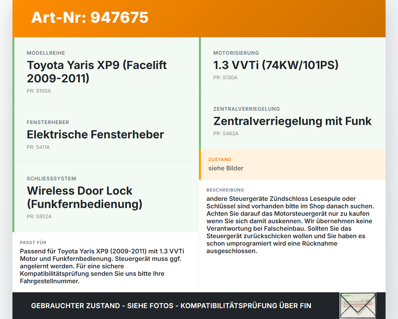 Toyota Yaris XP9 09-11 VVTi 1,3 74KW Steuergerät ECU für Wireless Door Lock Toyota Yaris XP9 09-11 08.04.2011... Vorschau 3