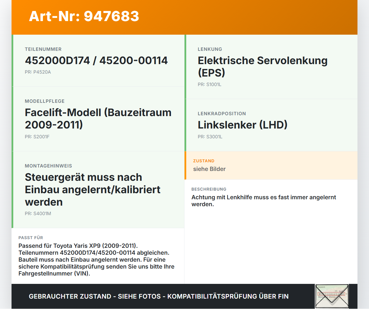 Toyota Yaris XP9 09-11 Lenkhilfe Lenksäule Toyota Yaris XP9 09-11 08.04.2011 452000D174 45200-00114 gebraucht Vorschau 3