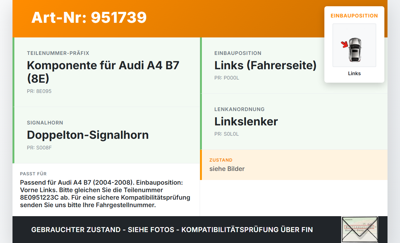 Audi A4 8E B7 04-08 Hupe Signalhorn Links Audi A4 8E B7 04-08 18.08.2006 8E0951223C gebraucht Vorschau 3