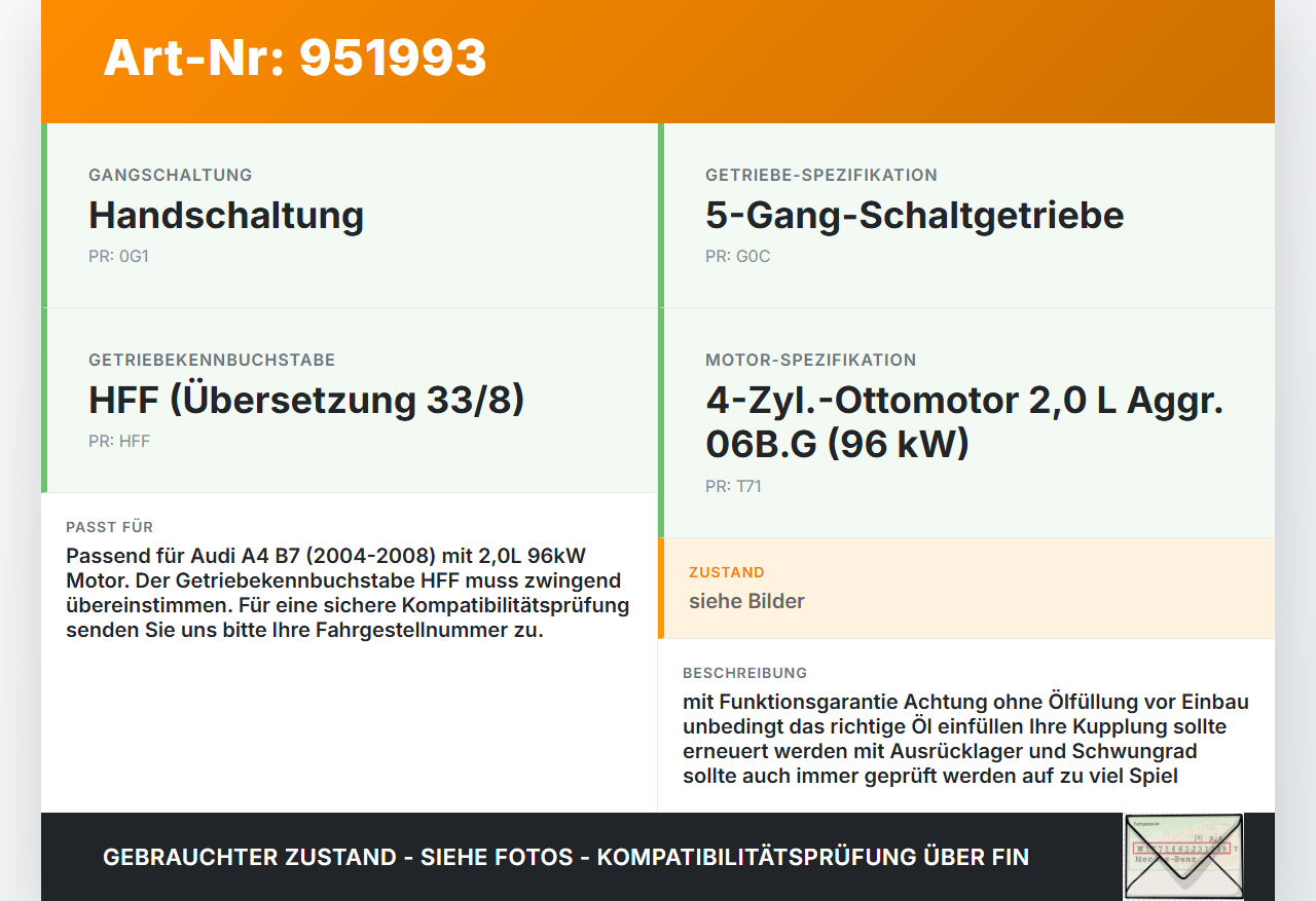 Audi A4 8E B7 04-08 2,0 96KW HFF Schaltgetriebe Getriebe HFF Audi A4 8E B7 04-08 18.08.2006 012300063 gebraucht Vorschau 3
