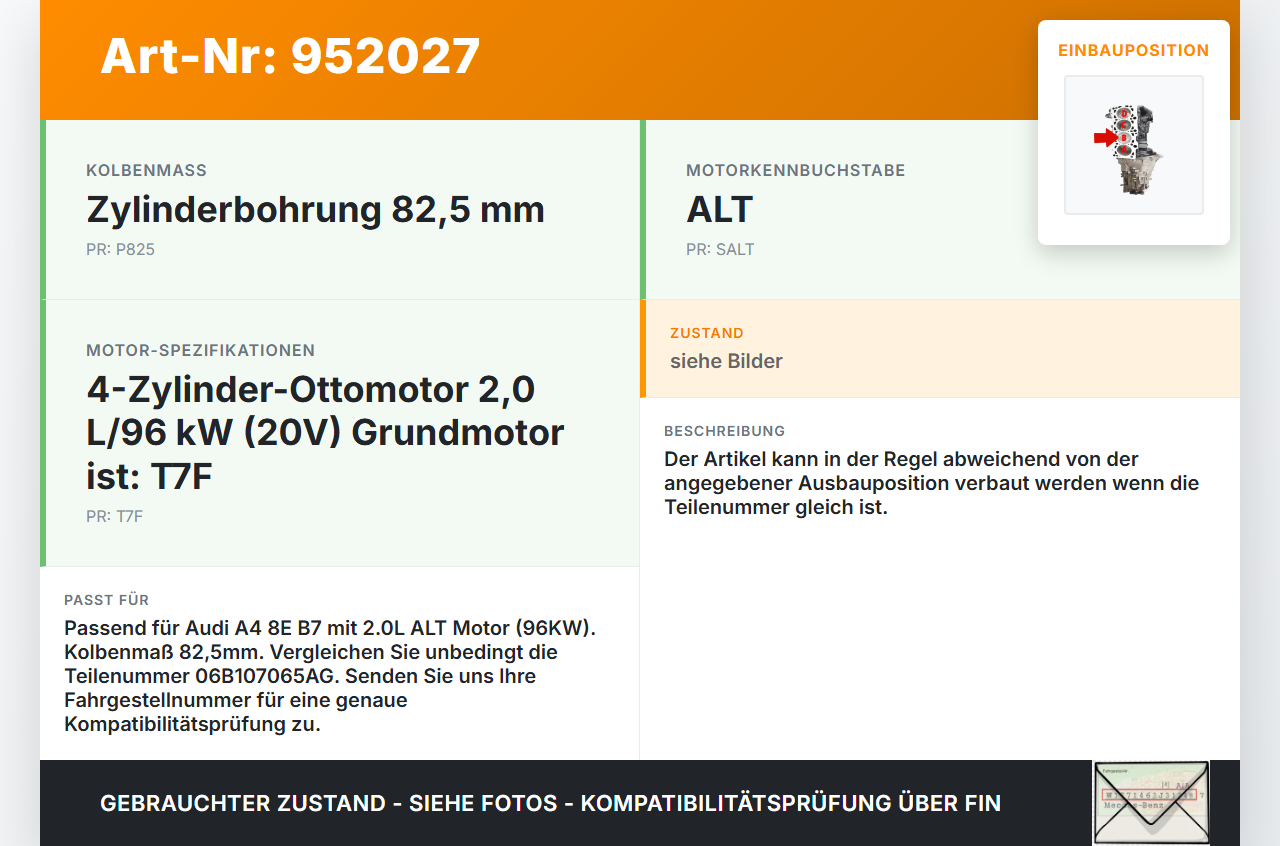 Audi A4 8E B7 04-08 2,0 96KW ALT Kolben mit Pleuel Pos B Audi A4 8E B7 04-08 18.08.2006 06B107065AG gebraucht Vorschau 3