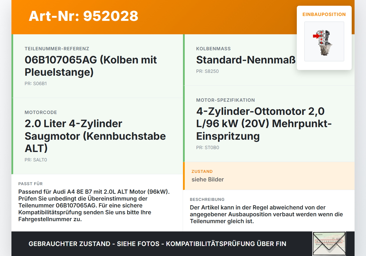 Audi A4 8E B7 04-08 2,0 96KW ALT Kolben mit Pleuel Pos C Audi A4 8E B7 04-08 18.08.2006 06B107065AG gebraucht Vorschau 3