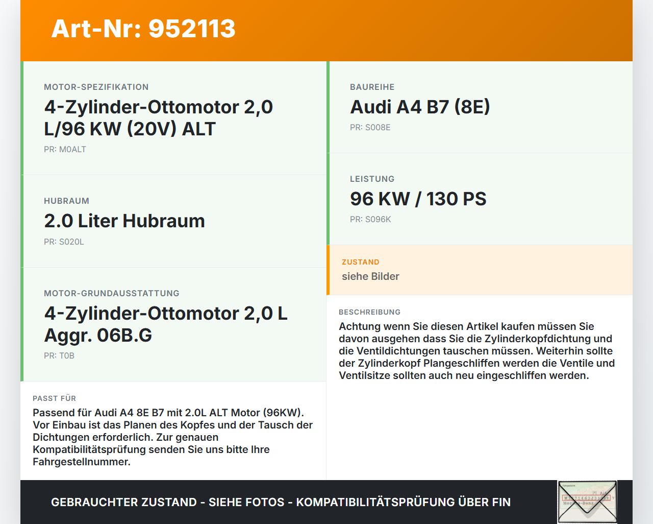Audi A4 8E B7 04-08 2,0 96KW ALT Zylinderkopf Audi A4 8E B7 04-08 18.08.2006 06B103265FX gebraucht Vorschau 3
