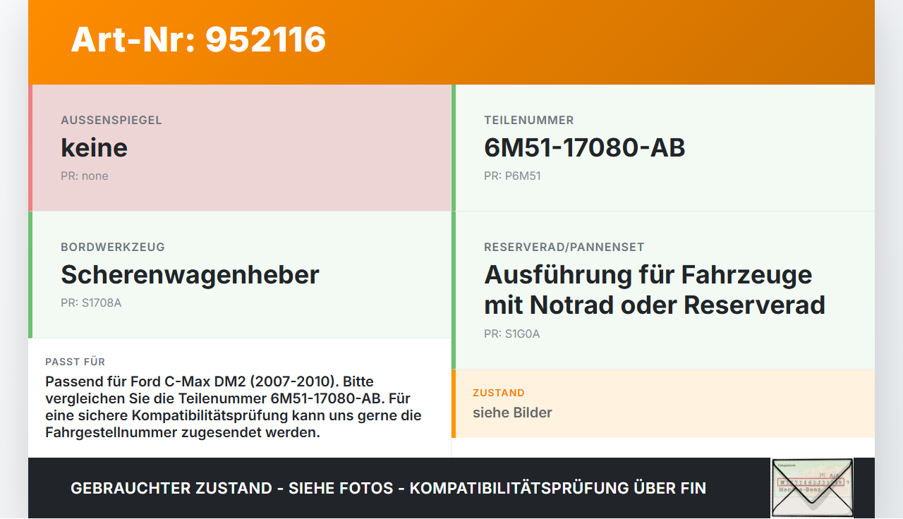 Ford C-Max DM2 07-10 Wagenheber Ford C-Max DM2 07-10 10.07.2010 6M51-17080-AB gebraucht Vorschau 3
