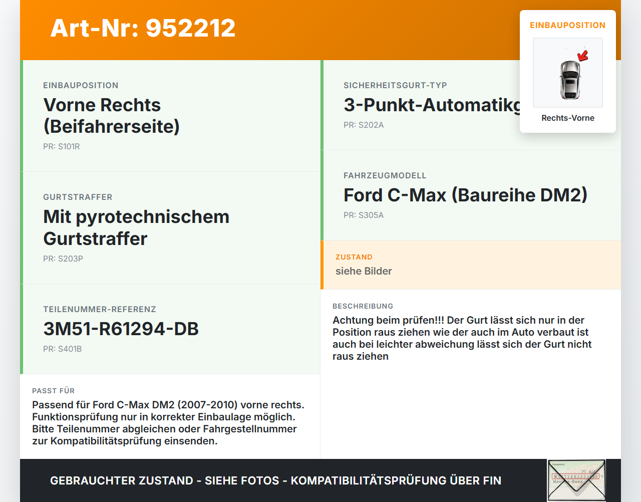 Ford C-Max DM2 07-10 Gurt Sicherheitsgurt Rechts Vorne Ford C-Max DM2 07-10 10.07.2010 3M51-R61294-DB 609887100B... Vorschau 3