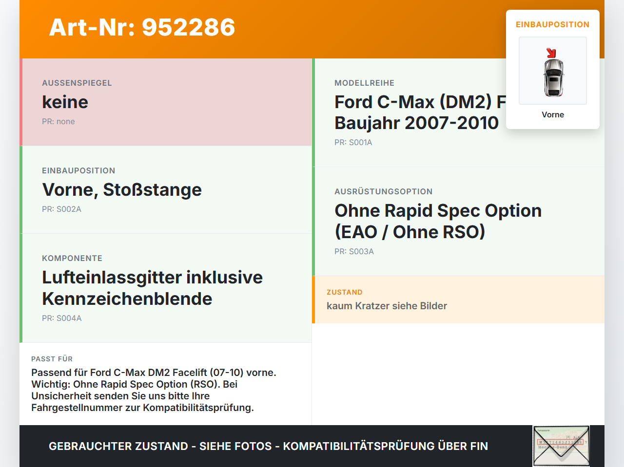 Ford C-Max DM2 07-10 Lufteinlassgitter für Stoßstange Kennzeichenblende Vorne H4 Ford C-Max DM2 07-10 10.07.2010... Vorschau 3