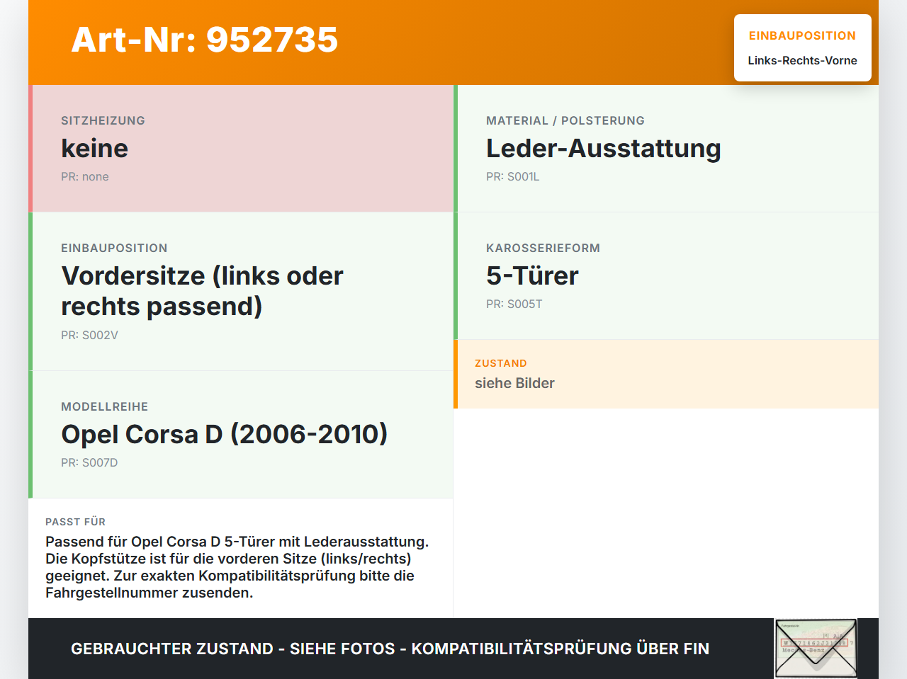 Opel Corsa D S07 06-10 5T Kopfstütze für Beifahrer Sitz Rechts oder Links Vorne Opel Corsa D S07 06-10 25.02.2010... Vorschau 3