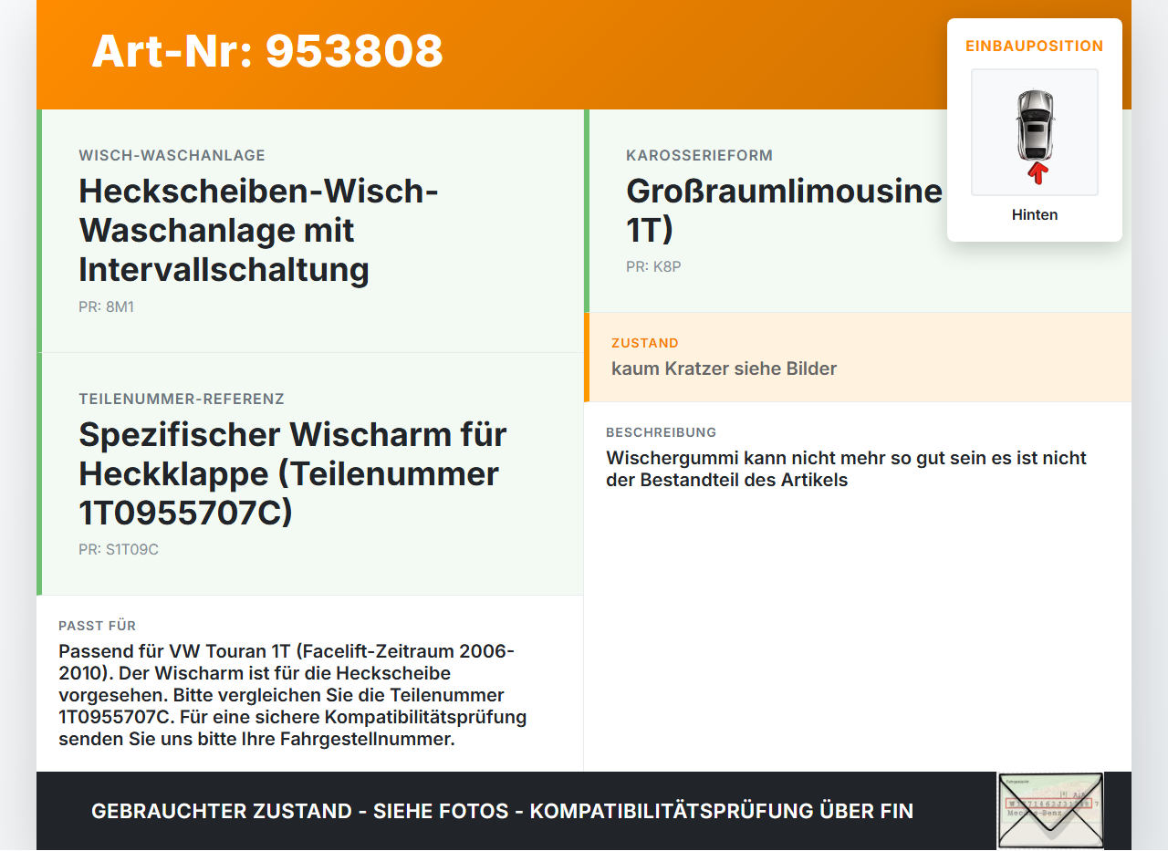 VW Touran 1T 06-10 Heckwischer Scheibenwischer Hinten Wischarm VW Touran 1T 06-10 02.11.2007 1T0955707C gebraucht Vorschau 3
