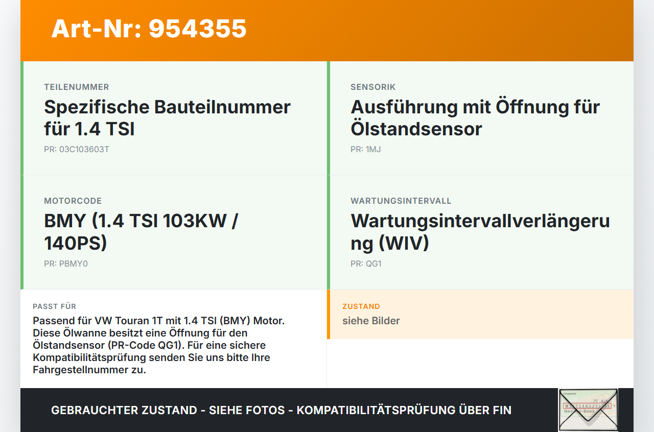 VW Touran 1T 06-10 TSI 1,4 103KW BMY Ölwanne Motorwanne VW Touran 1T 06-10 02.11.2007 03C103603T gebraucht Vorschau 3