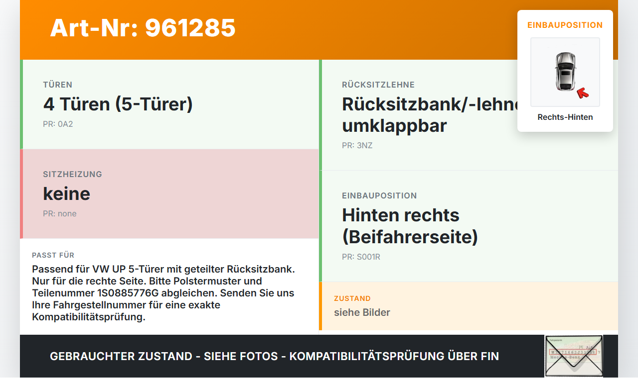 VW UP AA 15-23 5T Rückenpolster Rechts für Rücksitzbank Hinten VW UP AA 15-23 19.04.2017 1S0885776G gebraucht Vorschau 3