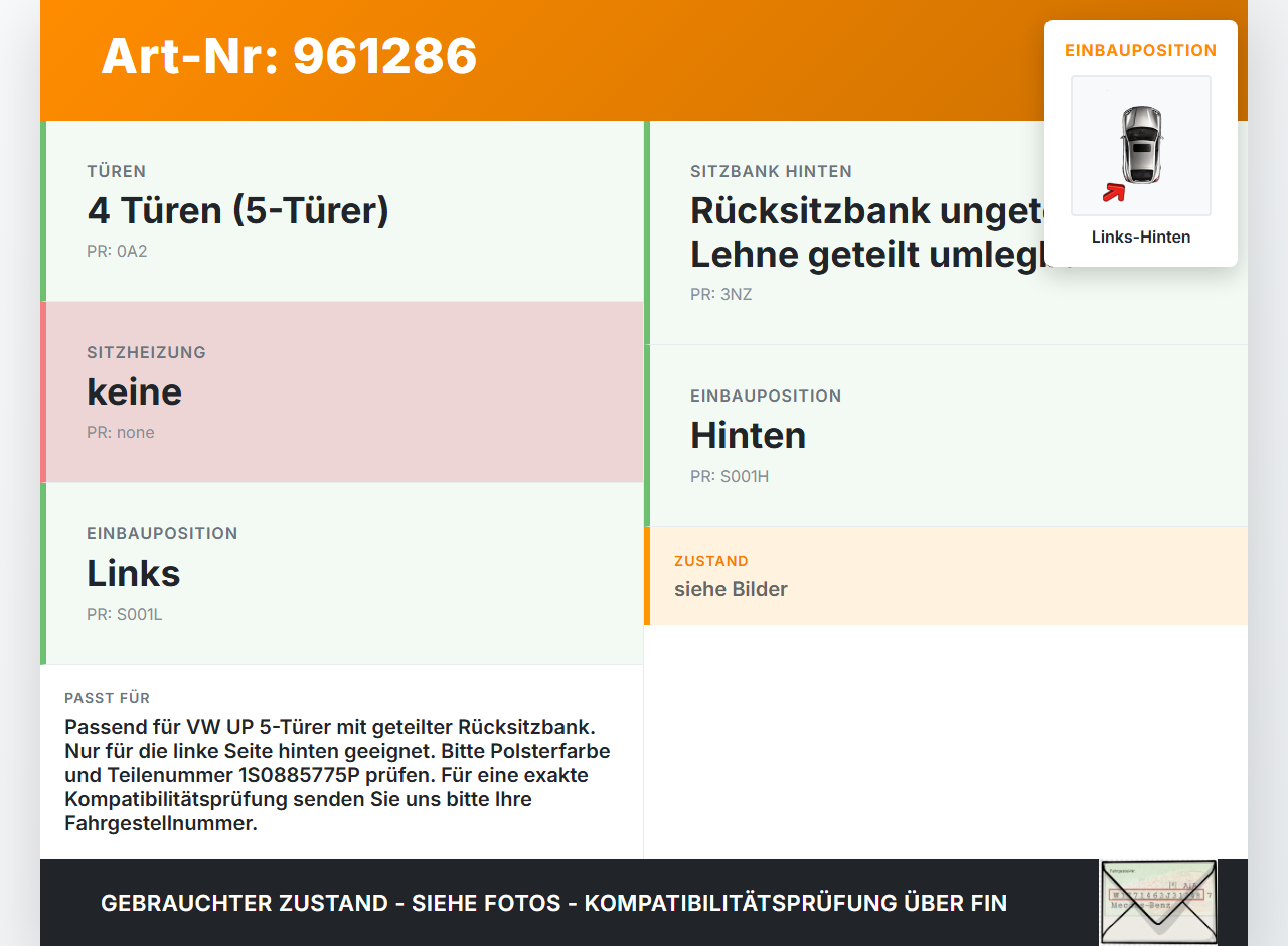 VW UP AA 15-23 5T Rückenpolster Links für Rücksitzbank Hinten VW UP AA 15-23 19.04.2017 1S0885775P gebraucht Vorschau 3