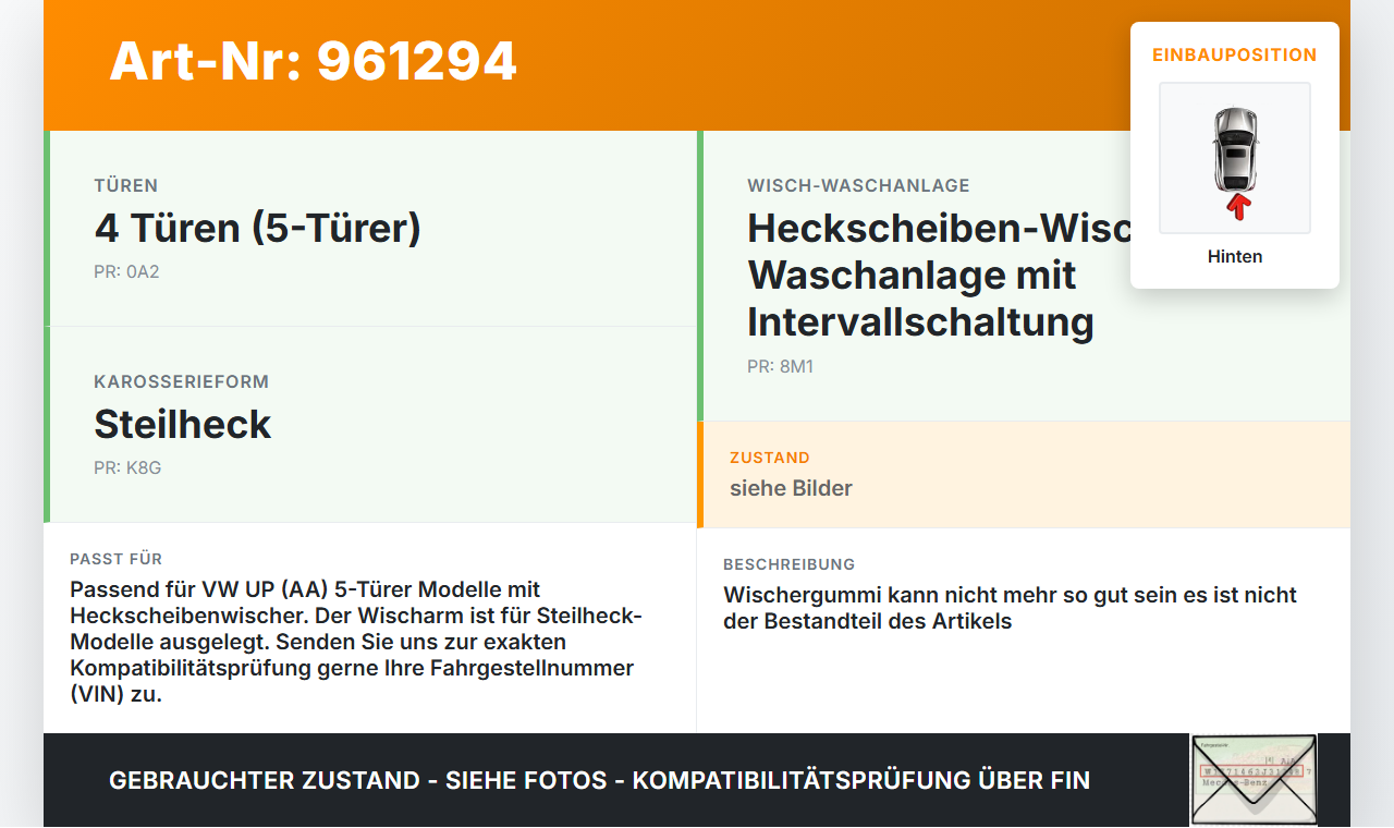 VW UP AA 15-23 5T Heckwischer Scheibenwischer Hinten Wischarm VW UP AA 15-23 19.04.2017 6R6955707B gebraucht Vorschau 3