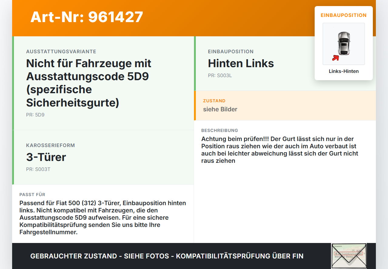 Fiat 500 312 09-15 3T Gurt Sicherheitsgurt Links Hinten Fiat 500 312 09-15 07.12.2010 735492577 34075339... Vorschau 3