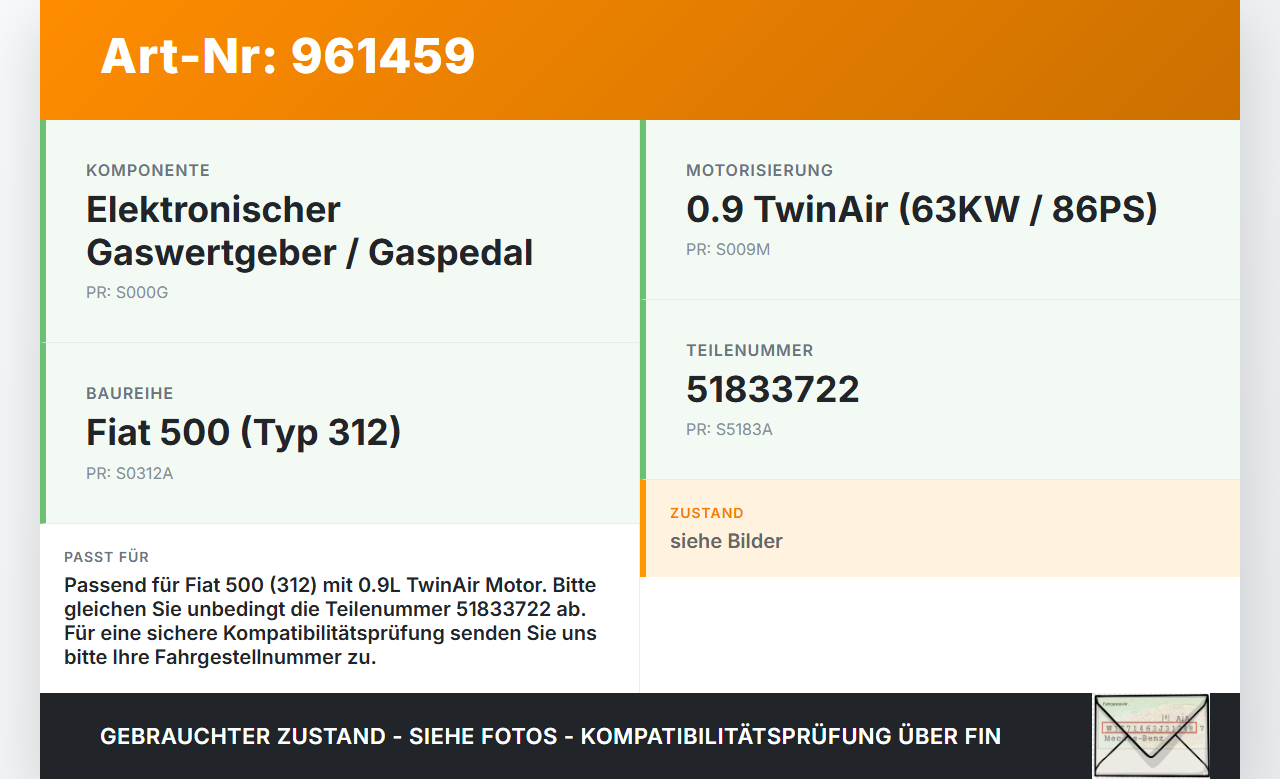 Fiat 500 312 09-15 0,9 63KW Gaswertgeber Gaspedal Fiat 500 312 09-15 07.12.2010 51833722 gebraucht Vorschau 3