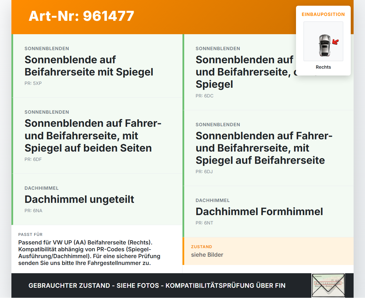 VW UP AA 15-23 Sonnenblende Rechts für Beifahrer VW UP AA 15-23 19.04.2017 1SB857552A gebraucht Vorschau 3