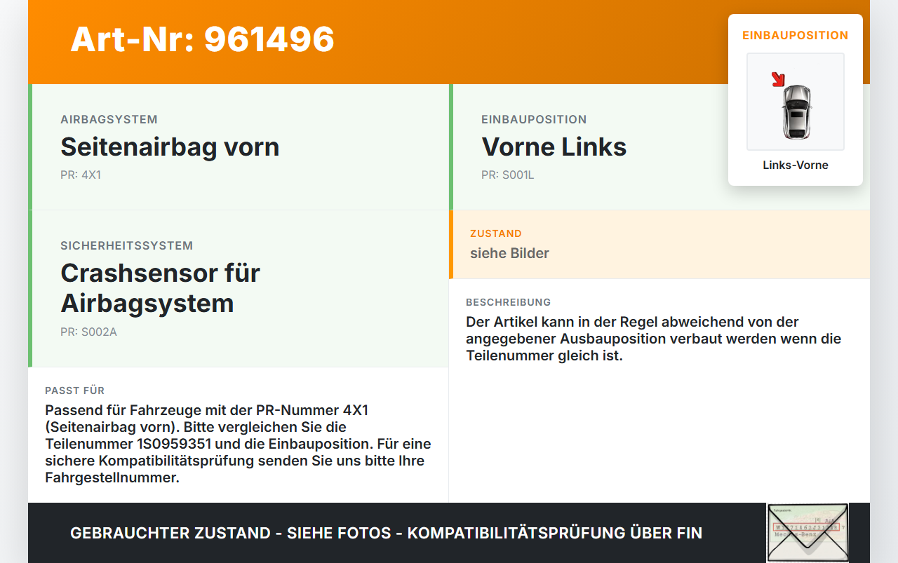 VW UP AA 15-23 VW Touareg 7P Sensor Airbag Crashsensor Airbagsensor Vorne Links VW UP AA 15-23 19.04.2017 1S0959351... Vorschau 3